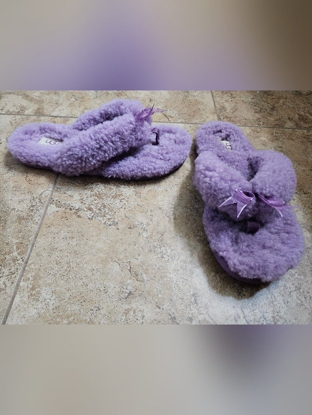 UGG Lavender Fluffy Thong Slide Slippers with Bow Accent